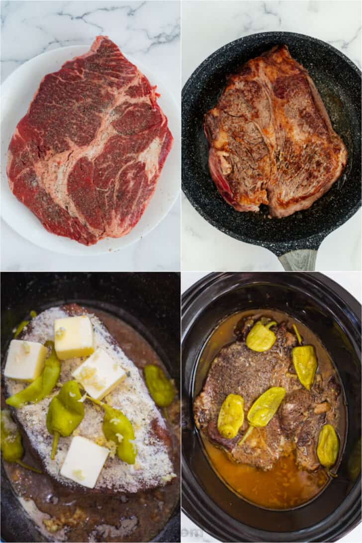 Step by step collage of how to make crockpot Mississippi roast. 
