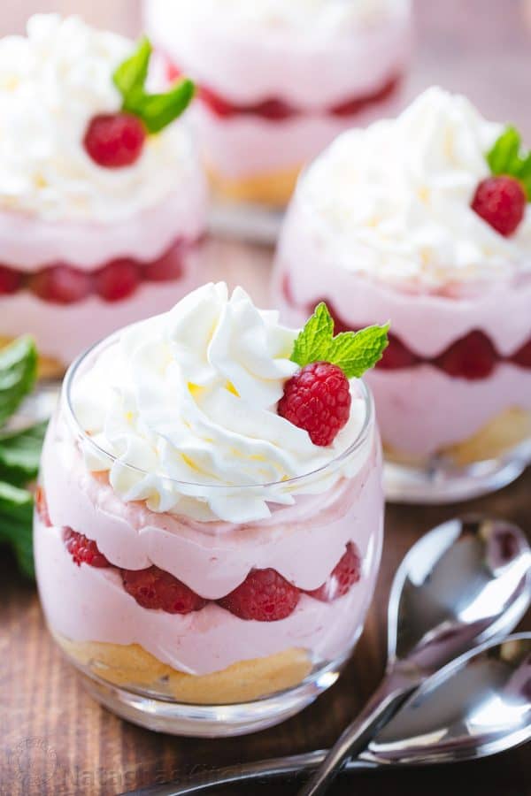 Several cups of raspberry mousse made ahead 