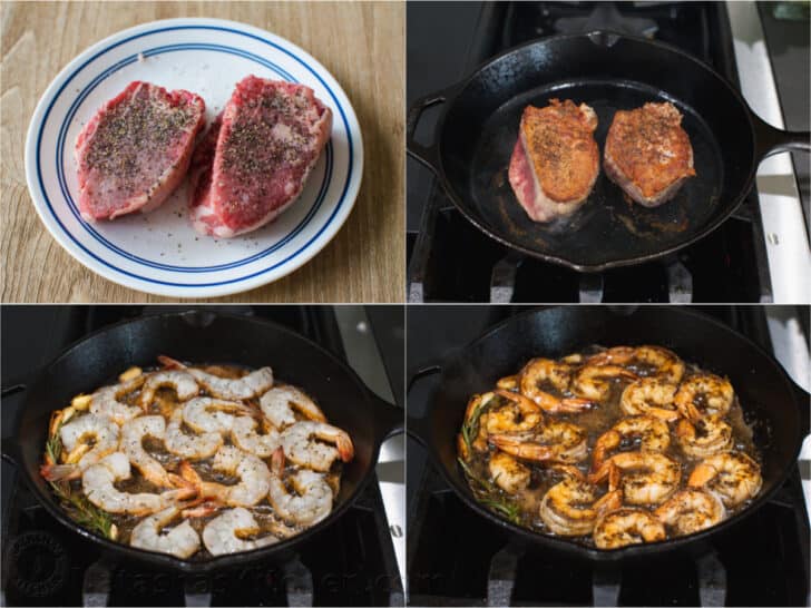 Step by step how to sear steak and shrimp in a cast iron pan with flavored butter