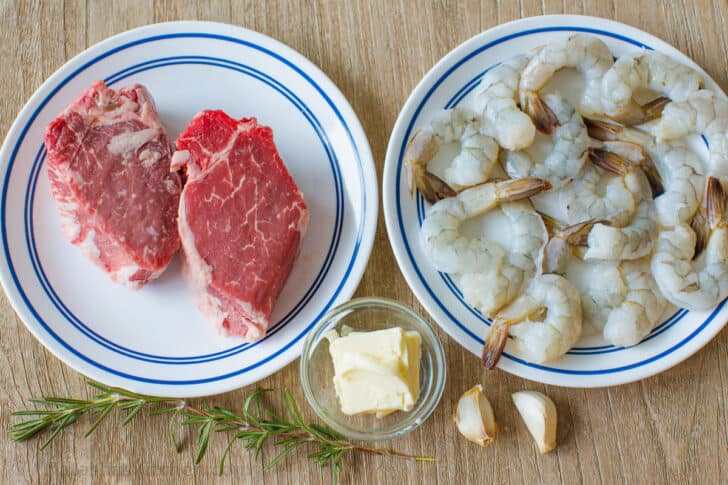 Ingredients for making steak and shrimp dinner