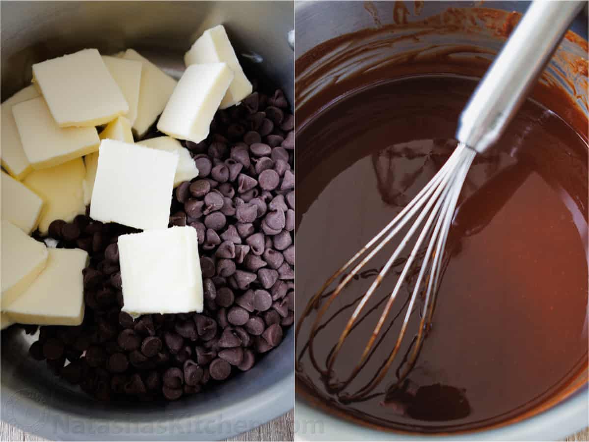 Melt chocolate chips and butter together on the stove, stir constantly with a whisk