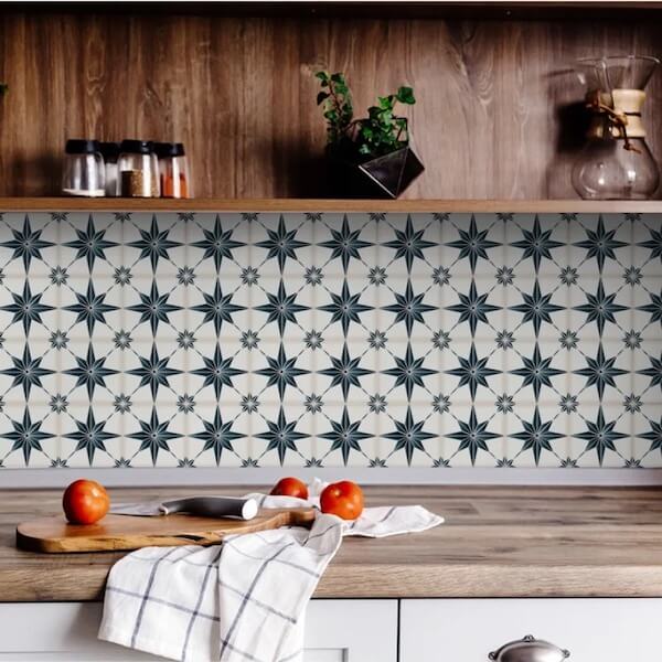 peel and stick tiel decal sticker backsplash with blue and white star pattern