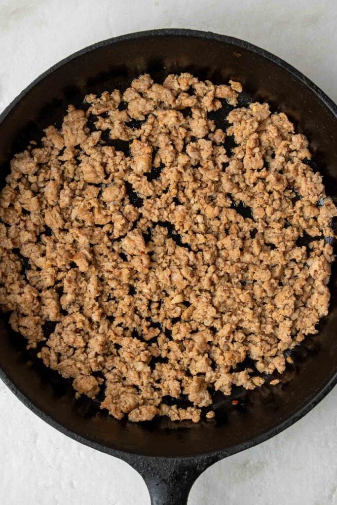 Cooked ground sausage in a pan