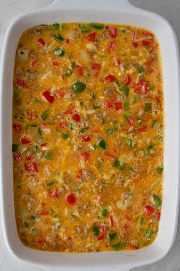 Breakfast casserole ready for the oven