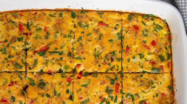 Breakfast brunch Casserole Customizable dairy-free egg bake FAQs Gluten-Free healthy high protein low-sodium meal prep nutrition reheating Sausage storage Vegetables 