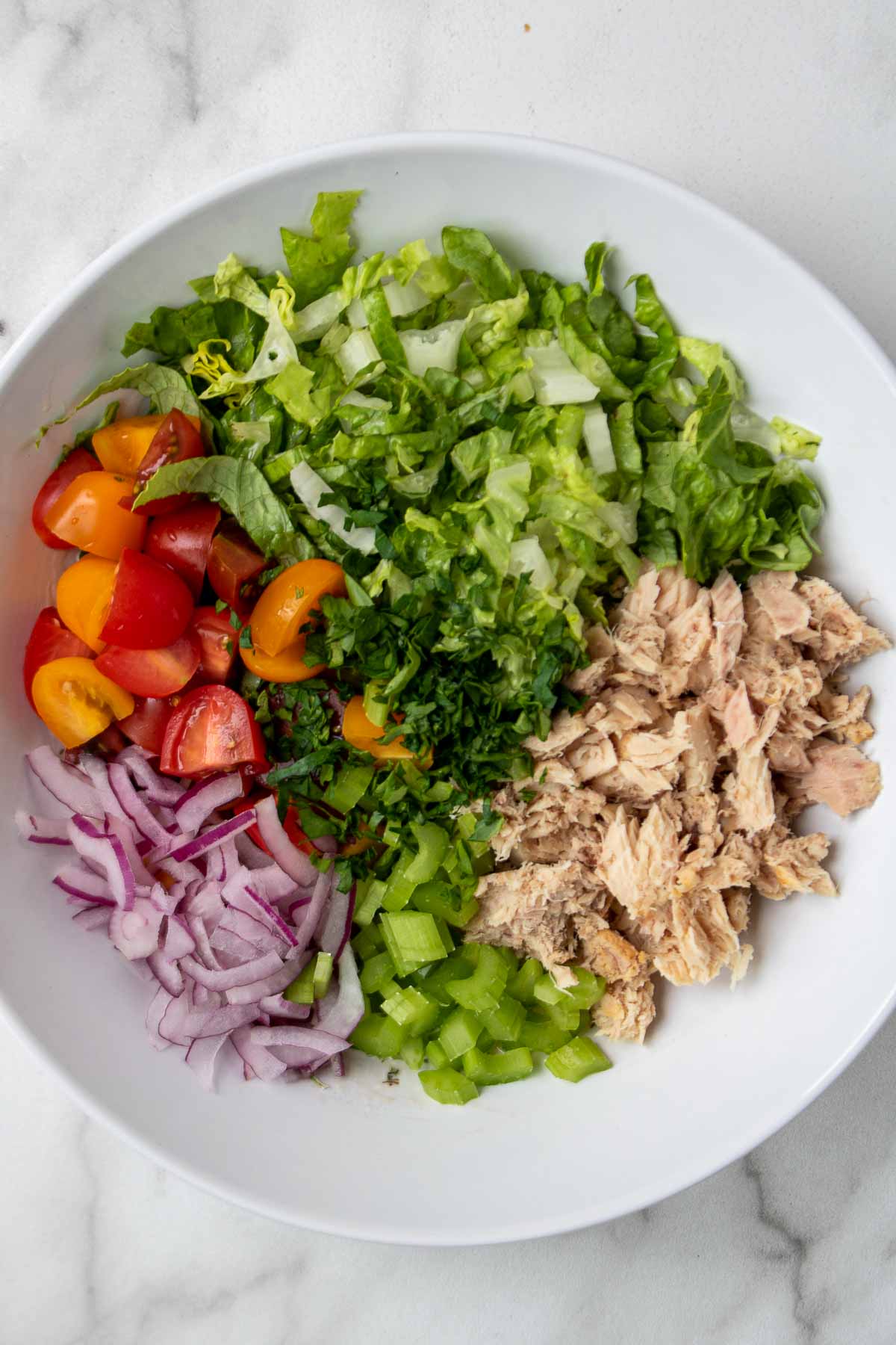 Ingredients for tuna salad in a white bowl: canned tuna, lettuce, cherry tomatoes, red onion, celery, parsley, mayonnaise, red wine vinegar, Dijon mustard, salt and pepper.