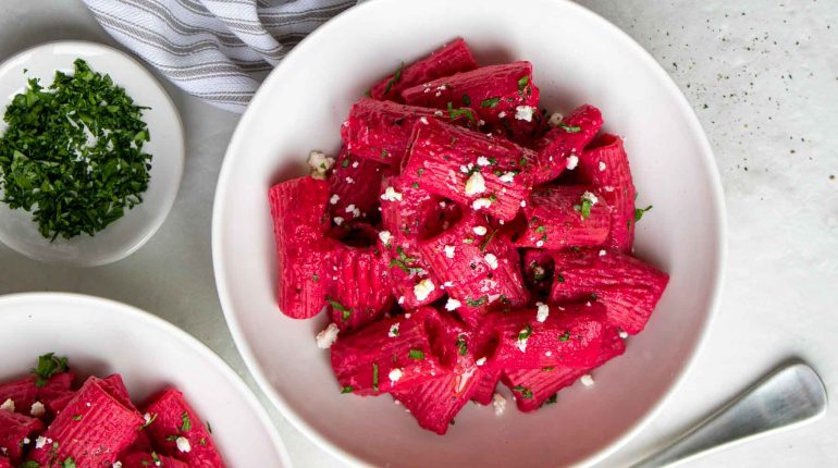 Beet pasta Beet recipes Creamy sauce Feta cheese Grilled meat nutrition Pasta recipe Peeling beets reheating Roasted beets Roasting vs. boiling Salad side dish steamed vegetables storage taste vegetarian 