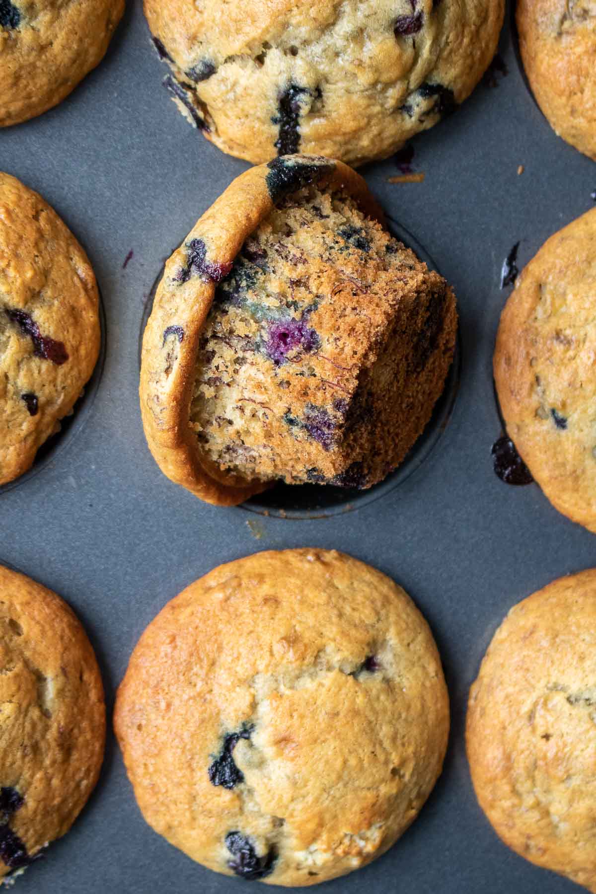 Banana blueberry muffins fresh out of the oven in a muffin tin