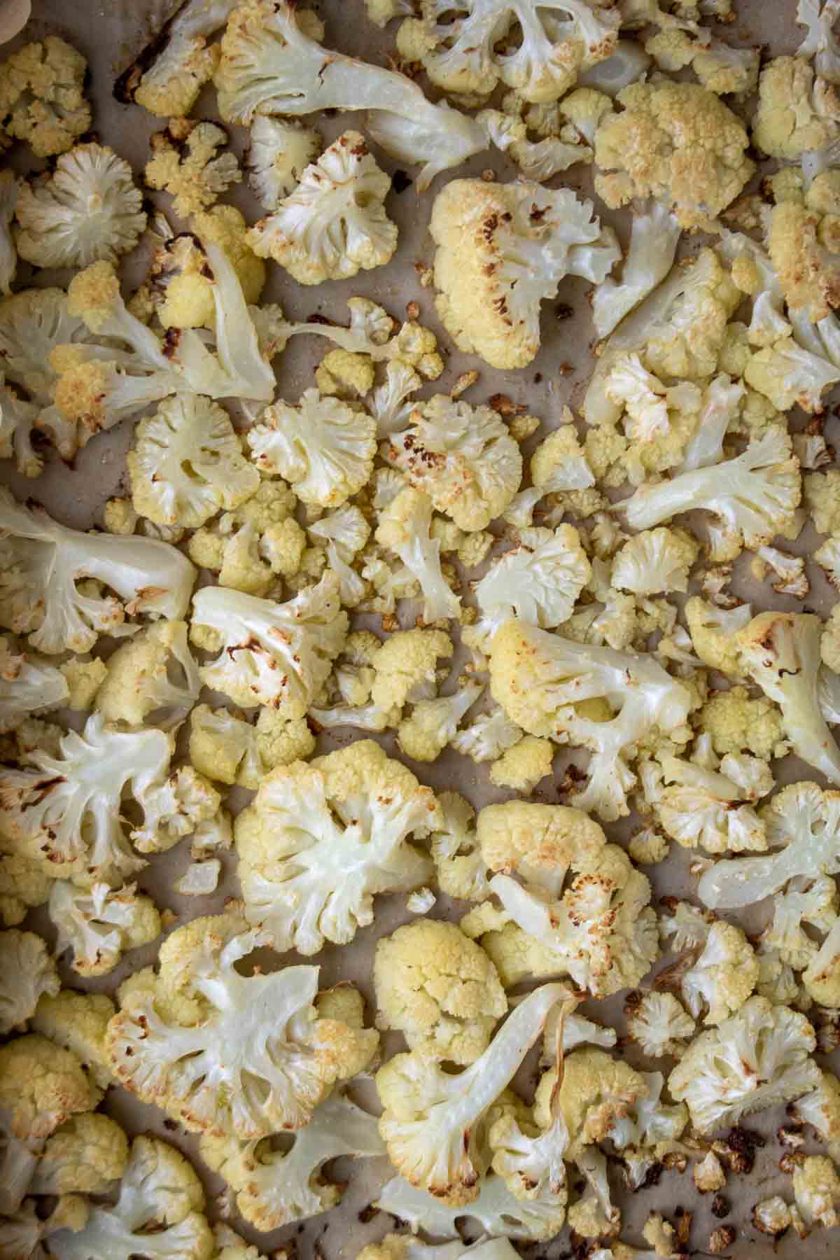 Sheet pan of roasted cauliflower for soup