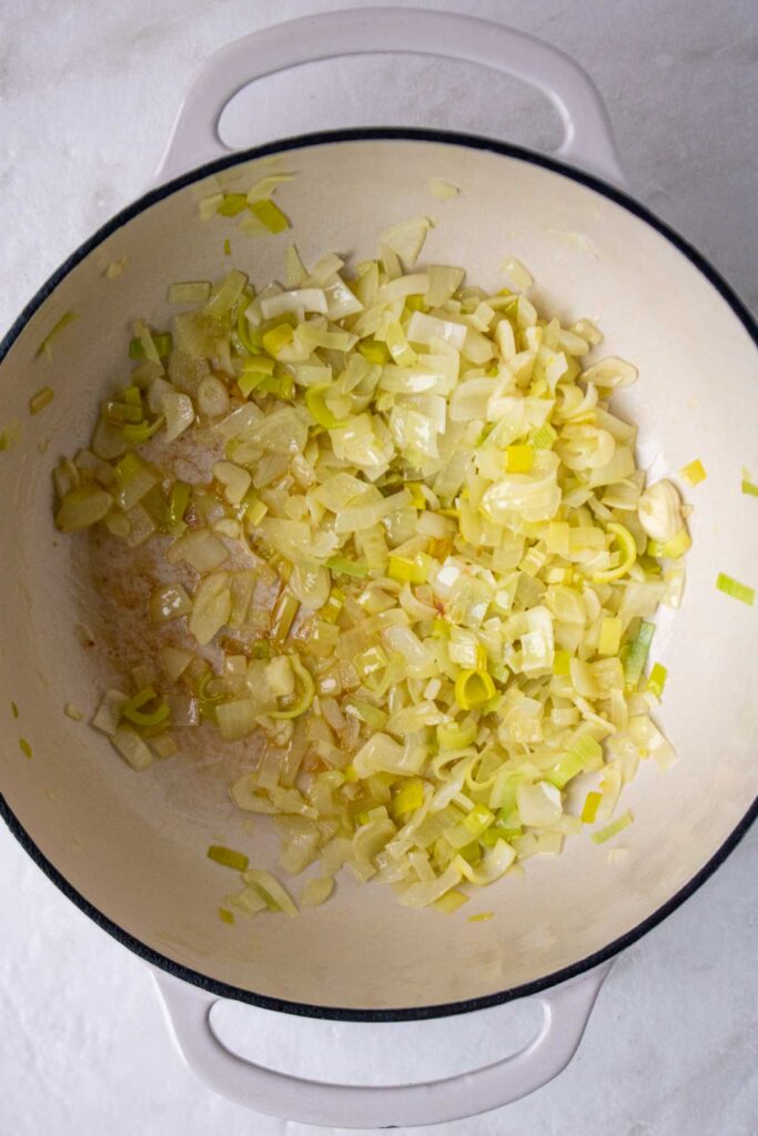 Sauteed onion, leek, and garlic in butter and olive oil