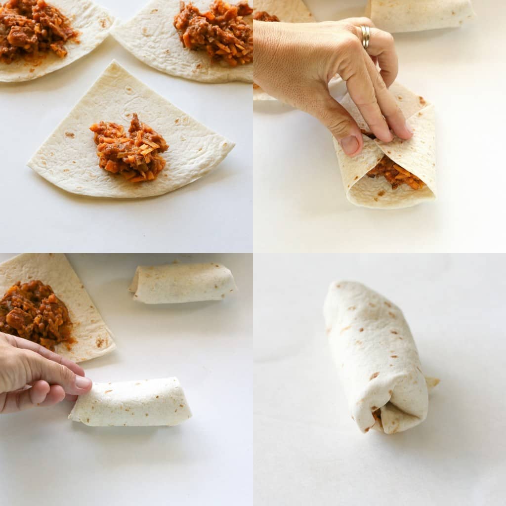 Mini Burritos filled with seasoned meat, beans, and cheese