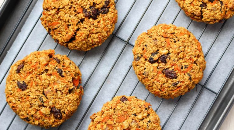 calories carbohydrates carrot cake breakfast cookies fat fiber Gluten-Free healthy breakfast ingredients Instructions meal prep nutrition oat flour Oatmeal protein Recipe Sugar 