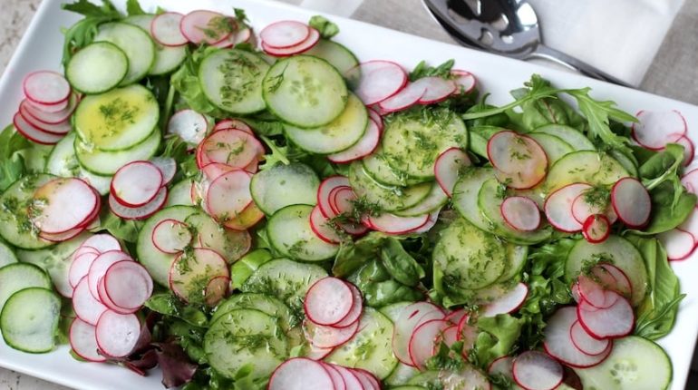 Cucumber and Radish Salad Dill Vinaigrette Easy Side Dish Farm-to-Table Fresh Ingredients Local Produce salad recipe Seasonal Recipe Summer Salad 