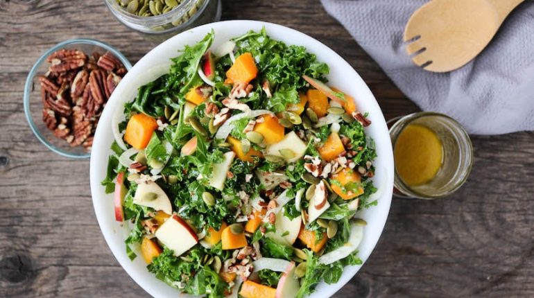 Apple autumn butternut squash Canadian fall flavors fennel goat cheese homemade dressing kale maple vinaigrette natural sugar Salad 