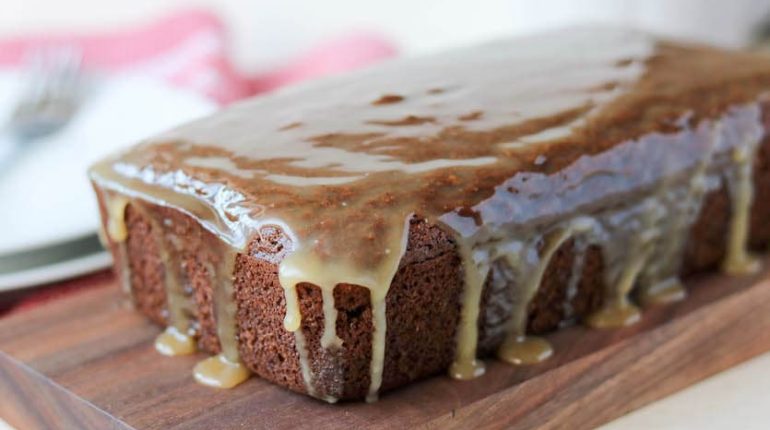 baked goods. dessert Festive gingerbread loaf Gluten-Free healthy maple glaze maple syrup molasses nutrition Recipe spiced whole wheat flour 