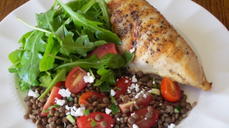 Chicken with Lentil Salad. Feta goat cheese mixed spring greens salad greens Spinach 
