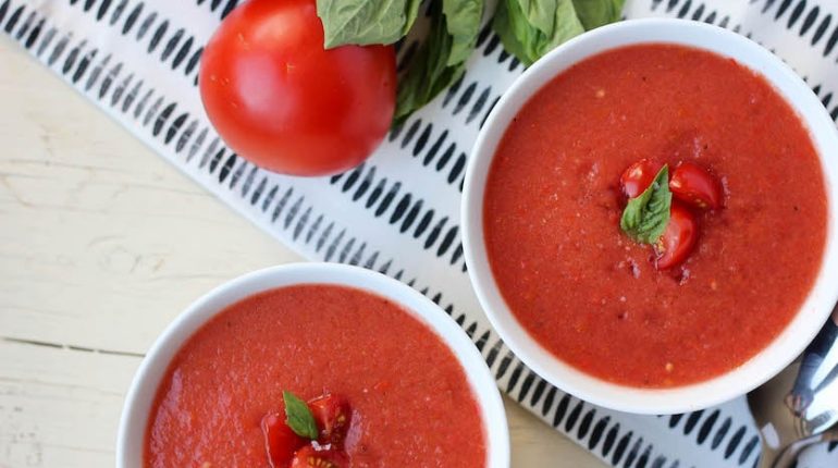 bell pepper cucumbers gazpacho Gluten-Free healthy recipes Lunch olive oil paleo Soup Summer Tomatoes vegetarian 