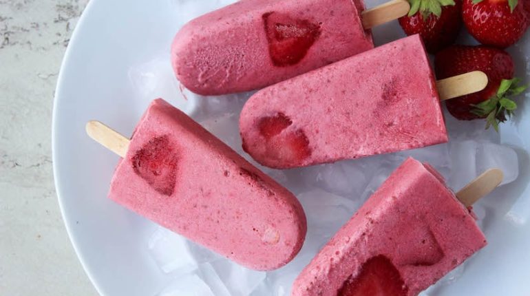coconut milk dessert family-friendly fruit popsicles fudgesicles healthy snack homemade popsicle strawberry banana smoothie Strawberry Smoothie Popsicles summer treat 