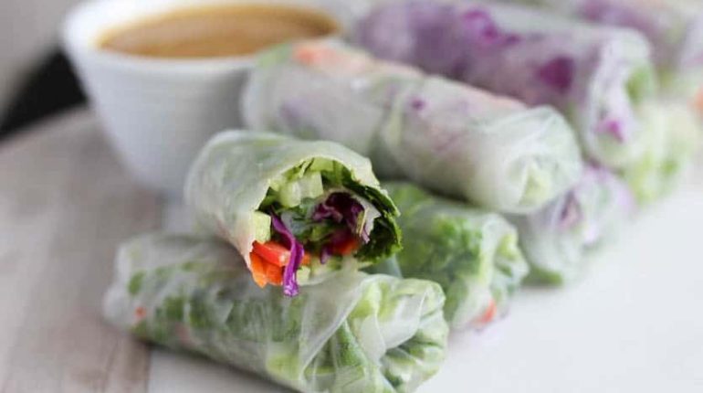 Almond butter dipping sauce Dipping sauce Fresh spring rolls healthy snack ingredients Instructions nutrition Party appetizer Recipe Rice paper wraps Summer rolls Vegetable rolls vegetarian 