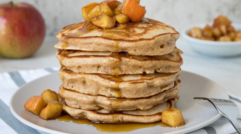 apple cinnamon pancakes apple topping Breakfast brunch Cooking Cortland Empire Fluffy healthy Honeycrisp ingredients Instructions light maple syrup nutrition Recipe Royal Gala 