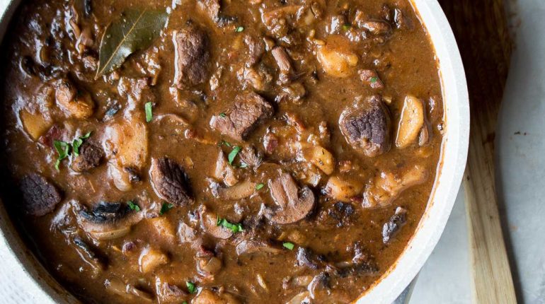 Bacon Beef beef and mushroom stew Comfort Food gourmet hearty mushrooms one-pot meal parsnips Recipe red wine slow-cooking 