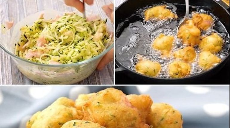 Baking Powder Cooked Ham Cooking easy recipe Eggs Flour Grated Cheese milk Recipe Spoon Zucchini Fritters Zucchinis 