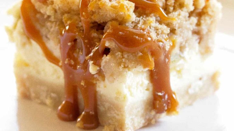 Caramel Apple Cheesecake Bars caramel topping. cheesecake layer cinnamon apples dessert recipe freeze shortbread crust streusel topping 