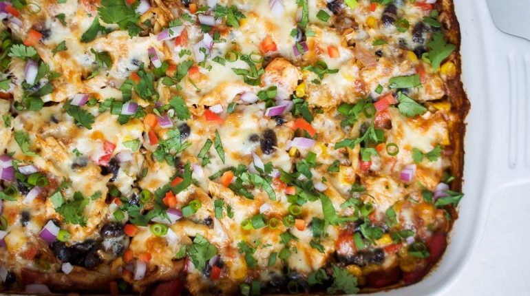 Beans Cheese Chicken chicken burrito casserole chili powder Cilantro cumin Easy green onion. healthy dinner leftovers meal prep nutrition one-pot meal Recipe Rice Vegetables 