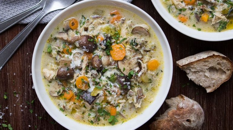 chicken broth chicken mushroom soup Cream Creamy dietary adaptations fiber fresh herbs Garlic healthy low-fat. milk mirepoix mushrooms nutrient-dense pantry staples Parmesan cheese protein reheating Rich slow cooker storage thyme Vegetables wild rice wild rice blend 