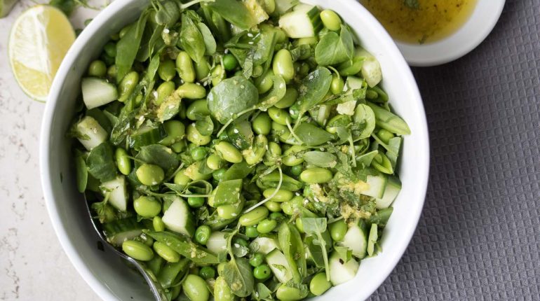 Asian-inspired dressing Edamame salad folate ginger ginger sesame dressing high protein high-fiber ingredients plant-based protein Quick and Easy salad recipe sesame seeds soybeans vegetarian main course Vitamin K watercress 