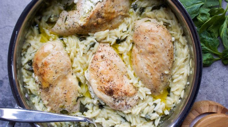 Dinner goat cheese healthy herbs nutrition one-pot meal Orzo protein Recipe Spinach stuffed chicken weeknight 