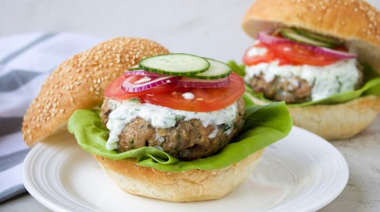 burger Cucumber Feta cheese Greek chicken burgers Grilled ground chicken healthy high protein lettuce wrap oregano parsley Recipe red onion Salad Tzatziki yogurt sauce 