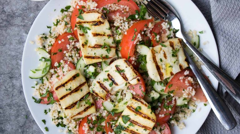 cooking instructions Easy Grilled Halloumi Salad Grilling Halloumi Cheese Halloumi Nutrition healthy Mediterranean Nutritious Quick Recipe vegetarian 