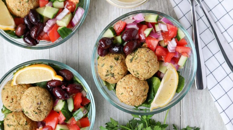 chickpeas falafels ingredients Instructions meal prep nutrition oven-baked falafel bowls Recipe Salad vegan vegetarian 