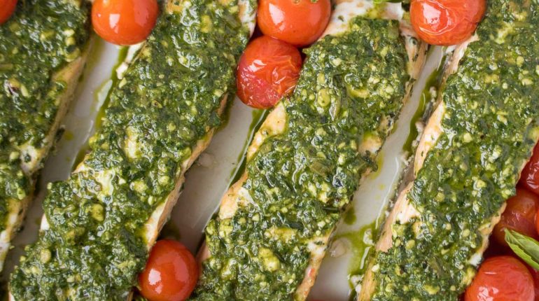 Baked broiler cherry tomatoes cooking methods foil Grill Homemade ingredients nutrition olive oil Pan Pesto Pesto salmon Recipe salmon fillet store-bought 