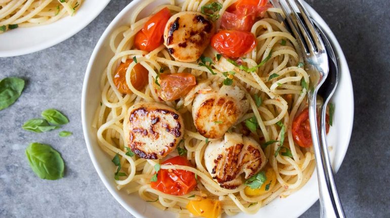 butter cherry tomatoes chili flakes fresh herbs Garlic olive oil Parmesan cheese Pepper Salt Scallop Pasta Shallot Spaghetti Tomatoes 