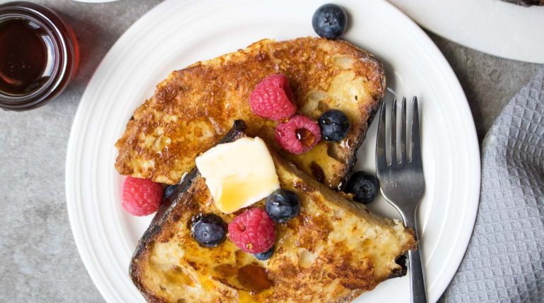 Breakfast brunch cooking instructions dietary adaptations French toast healthy maple syrup nutrition Recipe reheating sourdough sourdough bread storage tips toppings 