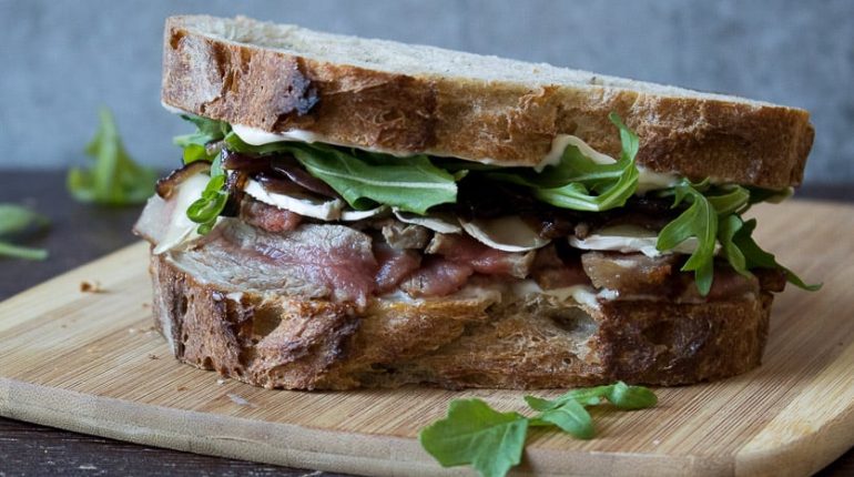 arugula brie cheese caramelized onions Cooking ingredients leftovers nutrition Recipe side dish Steak sandwich 