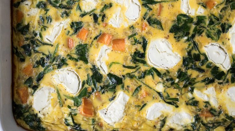 breakfast casserole dairy-free freezing Gluten-Free goat cheese meal prep paleo reheating Spinach sweet potato vegetarian 