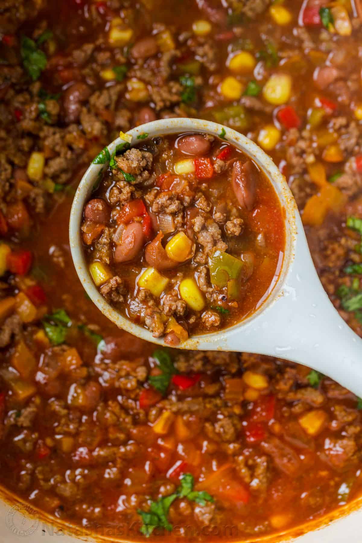 Taco soup in ladle