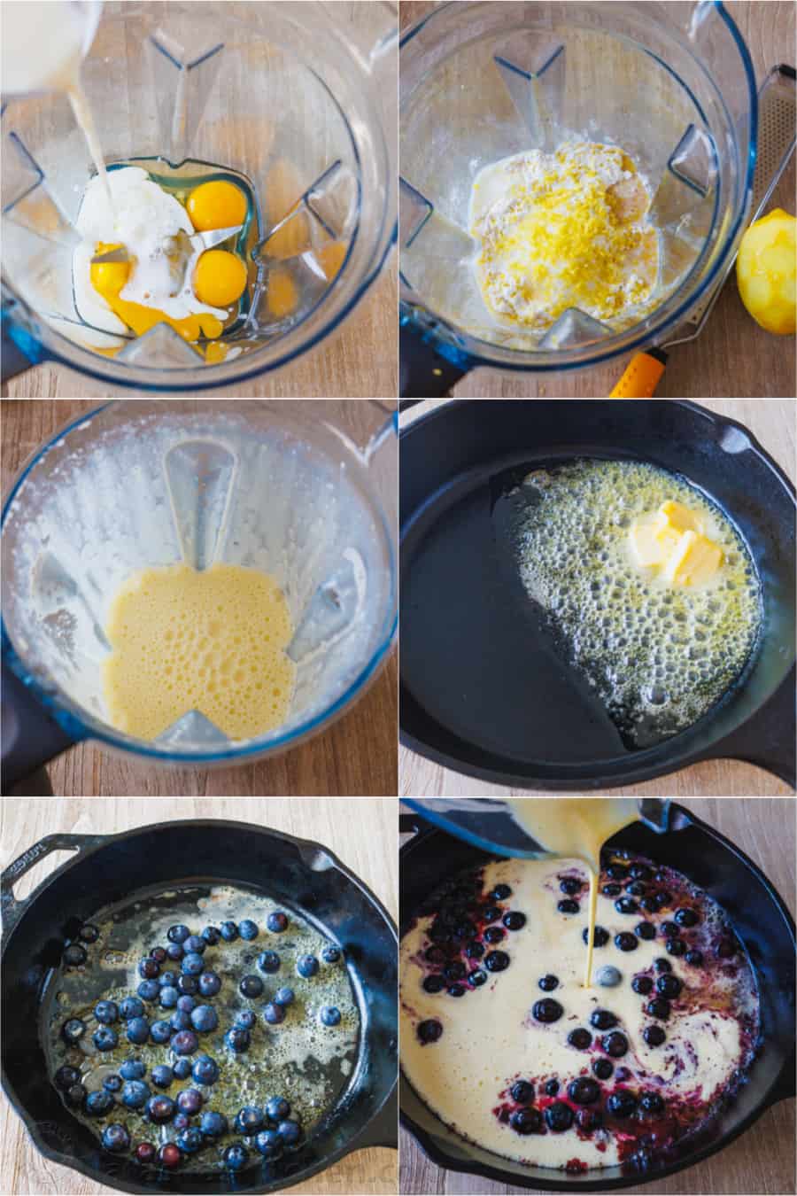 dutch baby ingredients in a blender and cooking in a cast iron skillet