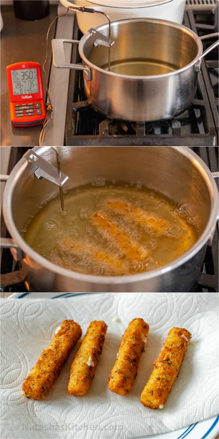 Collage photo montrant le processus de friture des bâtonnets de fromage mozzarella.