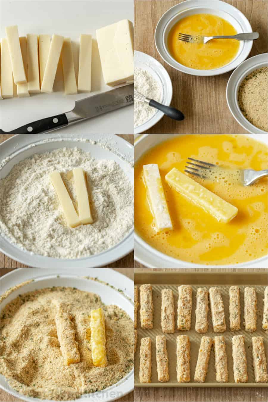 Photo collage showing the process for dredging the cheese sticks in breading.