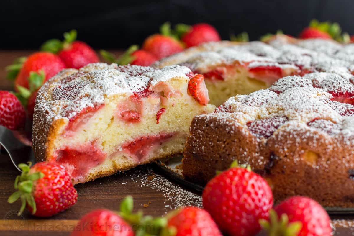 Slice of easy strawberry cake - one of our favorite strawberry recipes