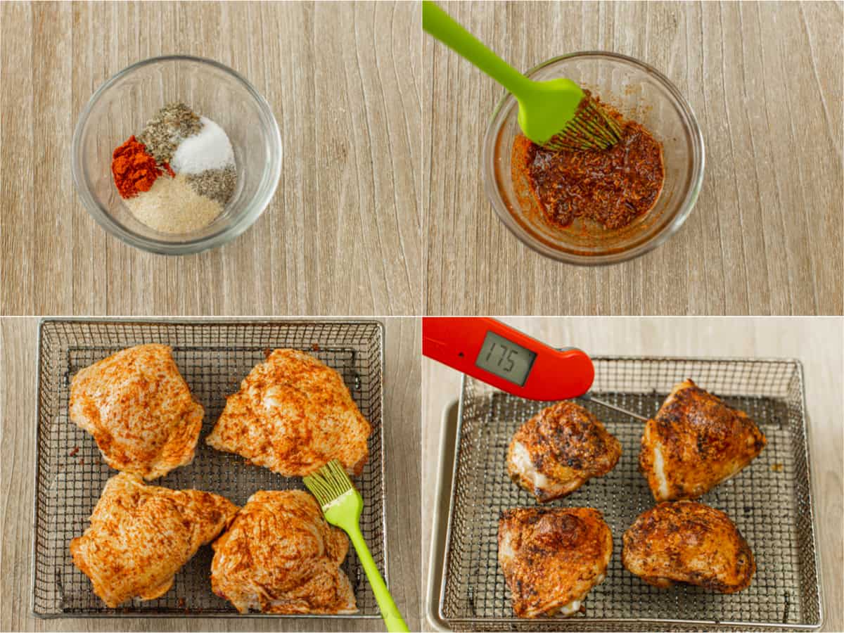 Photo collage showing the process of making the seasoning rub and preparing the chicken thighs for the air fryer.