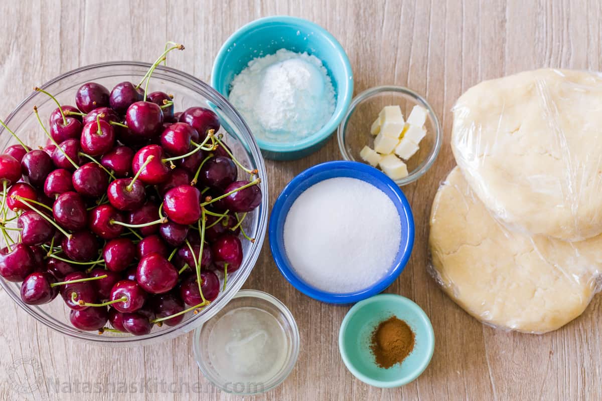 Ingredients for sweet cherry pie, sour cherry pie, or frozen cherry pie