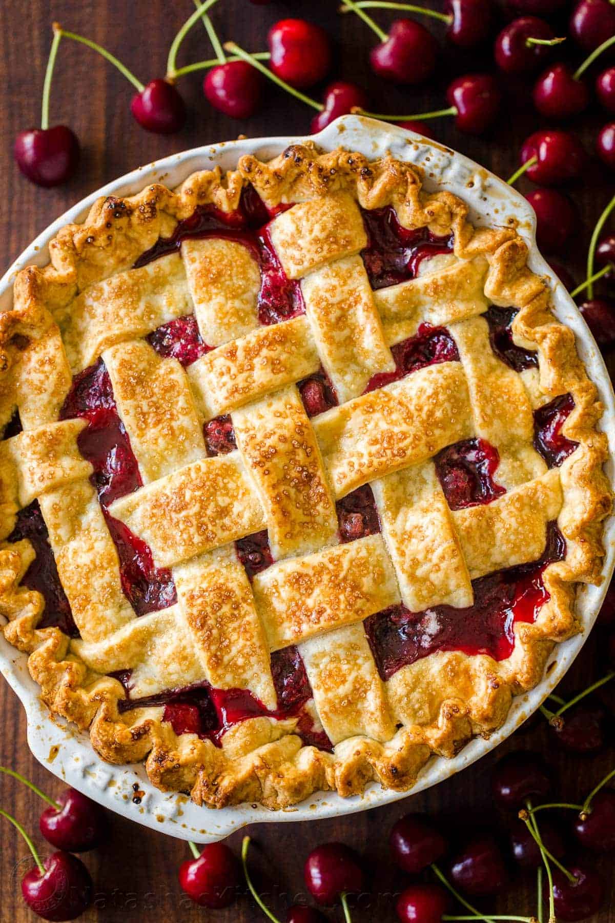 Classic Cherry Pie recipe baked with a lattice top 