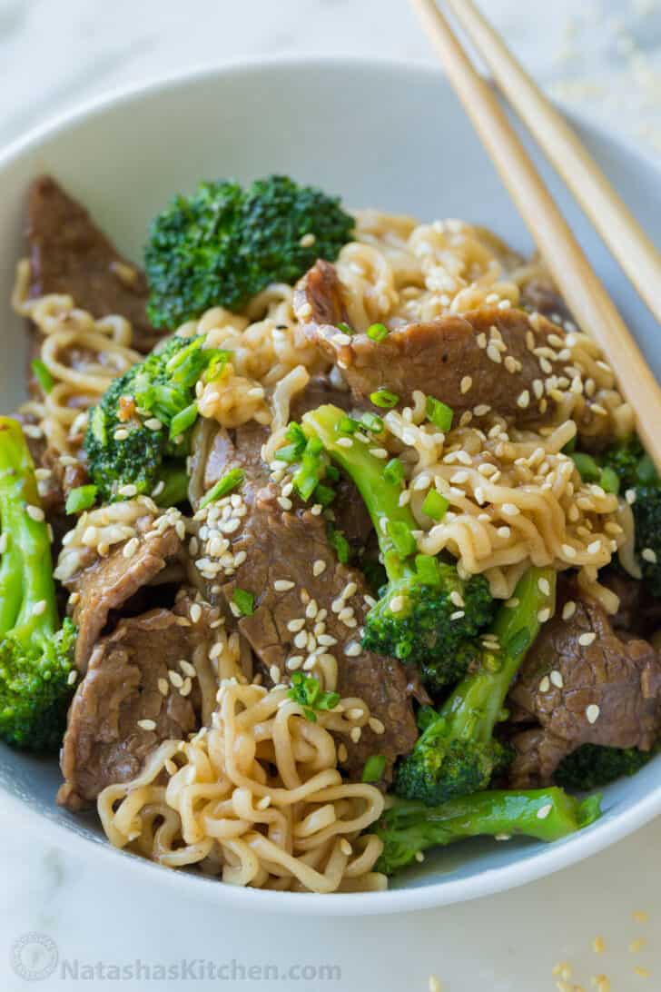 Ramen noodle stir fry in a bowl with chopsticks