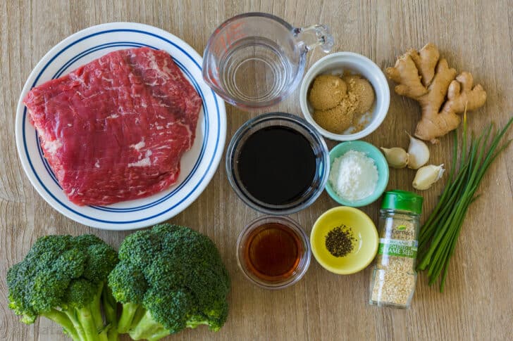 Ingredients for beef and broccoli stir fry with sauce