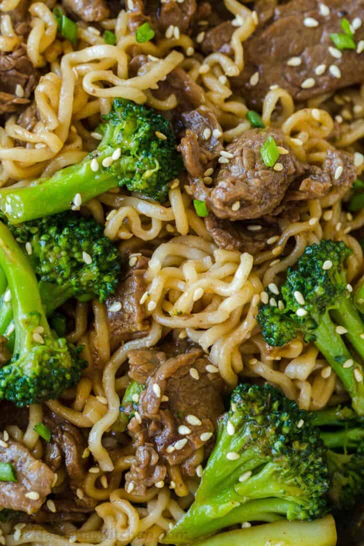 Up close Ramen stir fry with beef and broccoli